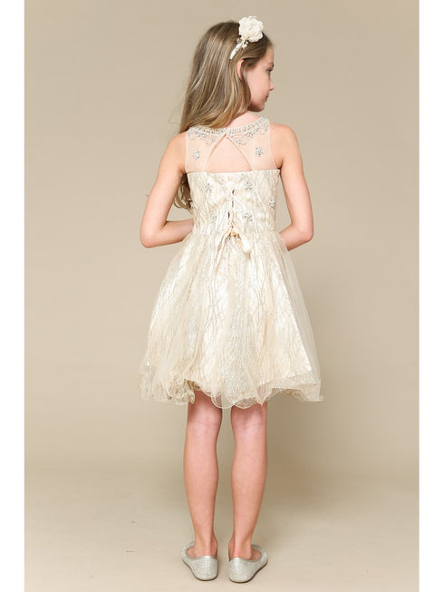Petite Adele Girls Champagne Sweetheart Illusion Neckline Jewel Dress 6-16 - SophiasStyle.com